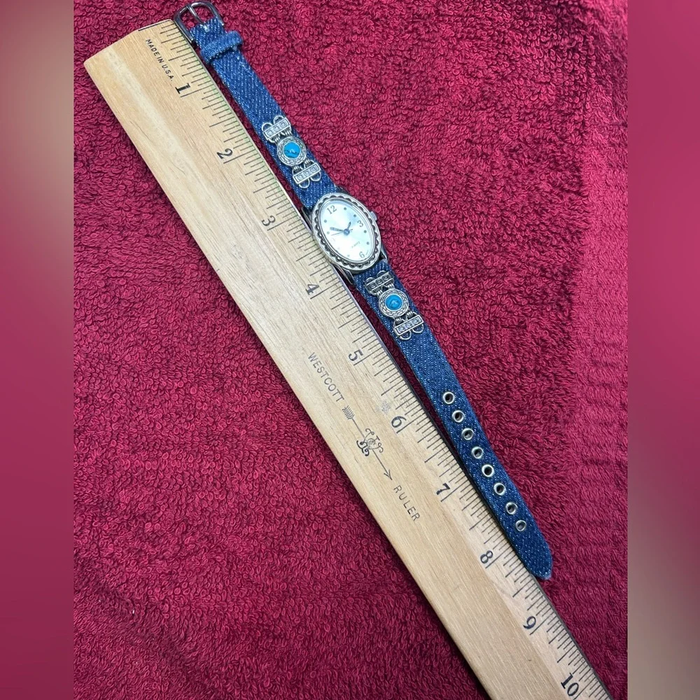Avon VTG Women's Watch Silver Tone w/ Blue Denim Band, turquoise accents